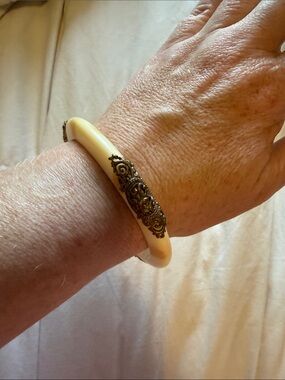 Ivory Resin Bangle with Ornate Gold Filigree